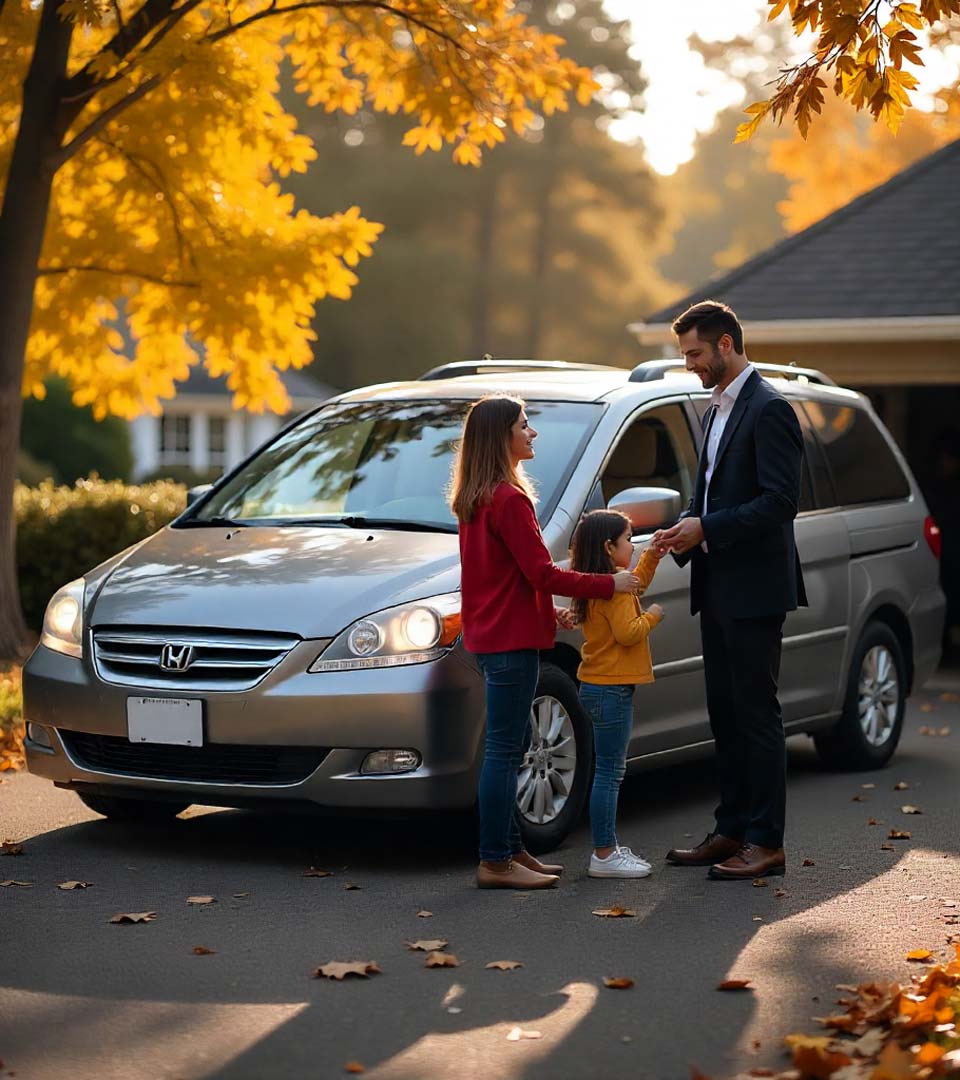 Eine Familie übergibt ein Auto an einen Händler beim Autoankauf Passau vor dem Haus